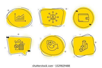 Networking, Money wallet and 3d chart signs. Chat bubbles. Graph, Shopping bags and 24 hours line icons set. Presentation diagram, Sale discount, Repeat. Business communication. Finance set. Vector