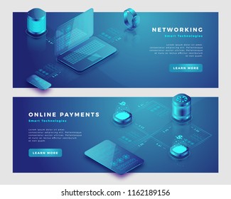 Networking and online payments concept. Landing page banner template. 3d isometric vector illustration.