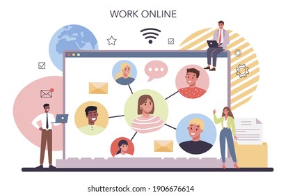 Servicio o plataforma de red en línea. Idea de relaciones con el cliente. Colaboración empresarial y asociación. Trabajo en línea. Ilustración vectorial plana