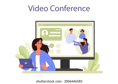 Networking online service or platform. Employees collaboration, establishment of partnerships working. Office characters in team. Video conference. Flat vector illustration