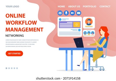 Networking, online workflow management concept. Woman works with expansion of customer base, increasing of site popuarity, market analysis. Website or webpage template, landing page flat style