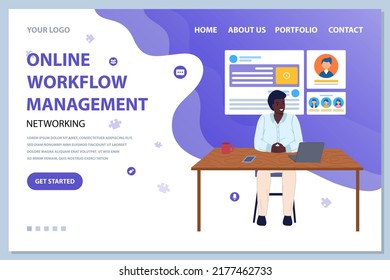 Networking, online workflow management concept. Man works at computer, attracts customers, increase popuarity of website. Webpage template flat style. Creating work profile in social network