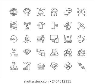 Networking outline icon set on the white background, 64x64 pixel perfect each artboard, blue monotone color using for website, media, application development, outline stroke