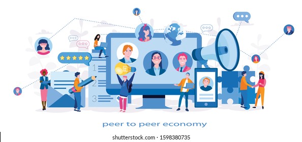 Networking, peer to peer economy, business and industry,  businessmen interacting with each other, business relationship, P2P, Vector illustration for web banner, infographics, mobile.