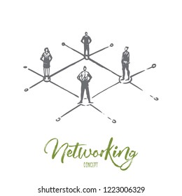 Networking, people, connection, internet, social concept. Hand drawn people connected in net concept sketch. Isolated vector illustration.