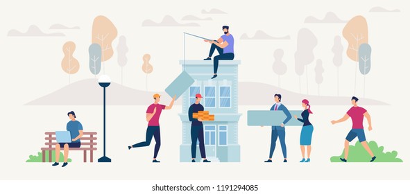 Networking People And New House Concept. Moving And Building Set. Network, Digital Technologies And Messaging. People Have Relocation. Flat Style Vector Cartoon Illustration.