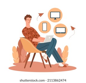 Networking service concept. Man sits on chair with tablet. Programmer connects several devices, Internet and modern technologies. Freelancer, comfortable workplace. Cartoon flat vector illustration
