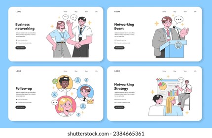 Networking set. Business connections grow. Professionals discuss at an event. Key contact after meeting. Strategy presentation. Collaboration in workspace. Flat vector illustration