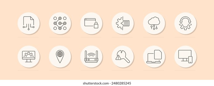 Networking set icon. Document, nodes, web security, cloud data, gear, laptop, wrench, files. Vector line icon on peach background.