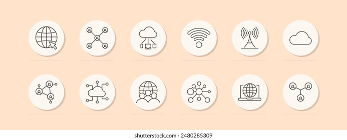 Icono de conjunto de redes. Globo, conexiones de usuario, almacenamiento en la nube, wifi, señal, nube, red social, nodos, portátil, internet. Comunicación, tecnología, concepto de conectividad. Icono de línea de Vector