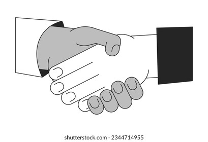 Networking shaking hands bw concept vector spot illustration. Negotiating handshake 2D cartoon flat line monochromatic hands for web UI design. Diverse meeting editable isolated outline hero image