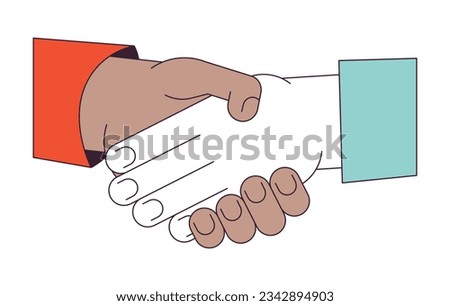 Networking shaking hands flat line concept vector spot illustration. Negotiating handshake 2D cartoon outline hands on white for web UI design. Diverse meeting editable isolated color hero image