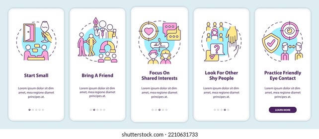 Networking for shy professionals onboarding mobile app screen. Guide walkthrough 5 steps editable graphic instructions with linear concepts. UI, UX, GUI template. Myriad Pro-Bold, Regular fonts used