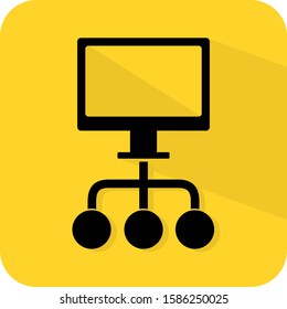 Networking sign.  LAN Ethernet router port hub. Telecommunication wired internet. Flat 3D shadow design. yellow background black vector. product brand service label banner board display. App icon.