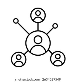 Networking or social collaboration. It features a central user figure linked to several others. Outline style. Vector. Isolate on white background.