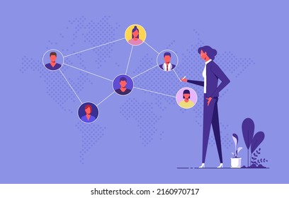 Networking or social network concept, female character connecting together different members of the system. Vector flat illustration in modern style