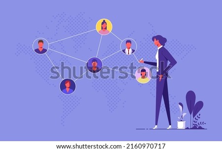 Networking or social network concept, female character connecting together different members of the system. Vector flat illustration in modern style