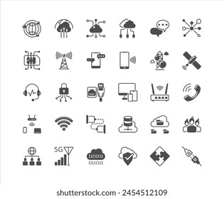 Networking solid icon set on the white background, 64x64 pixel perfect each artboard, blue monotone color using for website, media, application development, outline stroke