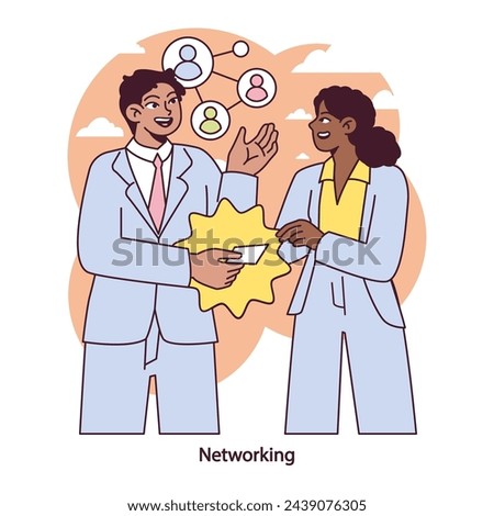 Networking strategy. Professionals exchange information and ideas, a key to unlocking career advancements and fostering industry connections. Vector illustration.