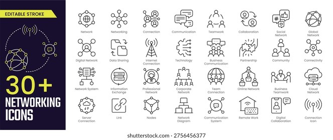 Networking Stroke icon collections. Containing network, networking, connection, communication, teamwork, global network, social network, and digital network icons. Editable Stroke icon collection Outline icon
