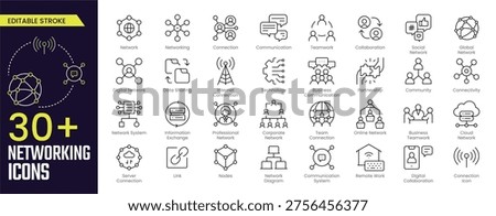 Networking Stroke icon collections. Containing network, networking, connection, communication, teamwork, global network, social network, and digital network icons. Editable Stroke icon collection Outline icon