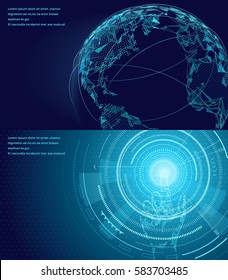 Networking symbol of international global communication vector poster with icons and text information. World map concept with wireless connecting technology communities. Using digital devices.