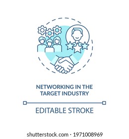 Networking in the Target industry concept icon. Communicate with colleagues idea thin line illustration. New meetings, events and workshops. Vector isolated outline RGB color drawing. Editable stroke