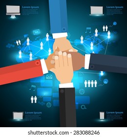Networking technology concept, With business team showing unity with their hands together, Infographic layout, diagram, step up options, Vector illustration modern design template