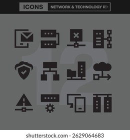 Networking and Technology Icon Set Featuring Line Art Symbols Representing Connectivity, Cloud Computing, Data Transfer, Security, and IT Infrastructure for Digital and Print Design