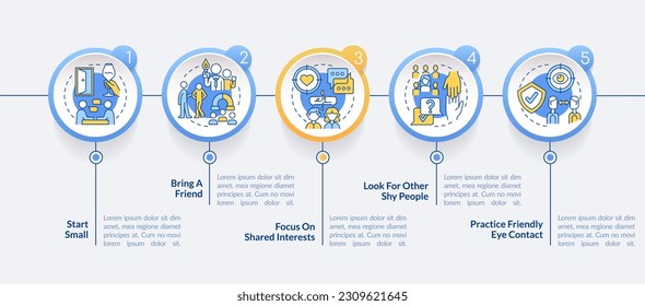 Networking tips for shy professionals circle infographic template. Guide. Data visualization with 5 steps. Editable timeline info chart. Workflow layout with line icons. Lato Bold, Regular fonts used