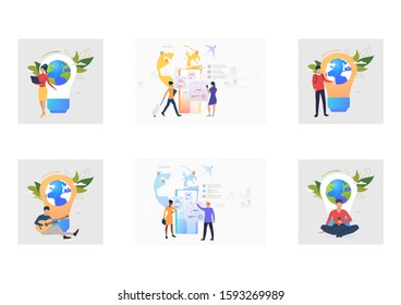 Networking or travel set. Users with gadgets, planet in bulb, passengers near map with pointers. Flat vector illustrations. Worldwide connection concept for banner, website design or landing web page