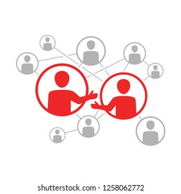 Networking vector icon - social network scheme - people community which contains people icons or avatars connected to each other by lines with two handshaking people