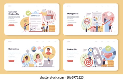 Banner web de red o conjunto de páginas de inicio. Idea de relaciones con el cliente. Colaboración empresarial y asociación. Estrategia de gestión y comercialización. Ilustración vectorial plana