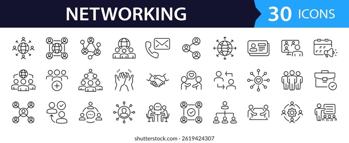 Conjunto de iconos de Web de red en estilo de línea. Colección de iconos lineales de redes sociales, incluyendo comunidad, gente de negocios, comunidad, red, relación, redes en línea y más. Trazo editable