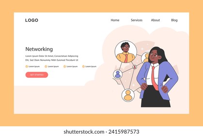 Networking web or landing. Female business character building professional connections and expanding business circles. Confident individual engaging with a diverse network. Flat vector illustration.
