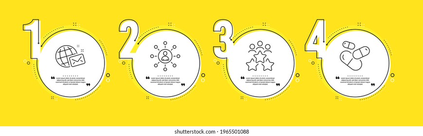 Networking, World mail and Business meeting line icons set. Timeline process infograph. Capsule pill sign. Business communication, Chat, Rating star. Medicine drugs. Vector
