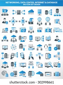 Redes,Data center,Internet,cloud computing,iconos del servidor de bases de datos,versión azul,vector limpio