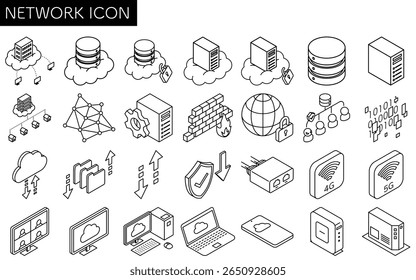 Network-related isometric line icons set of 28 items including cloud computing, data server, router, remote meeting, security, devices, and internet connection, black and white, Vector Illustration