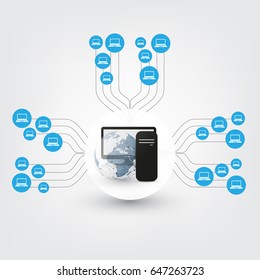 Networks - Abstract Cloud Computing and Global Network Connections Concept Design with Earth Globe and Server Computer - Illustration in Editable Vector Format 