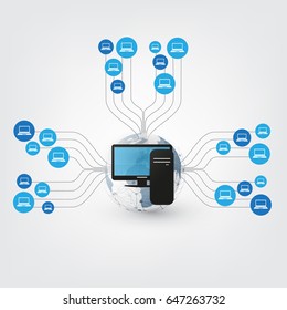 Networks - Abstract Cloud Computing and Global Network Connections Concept Design with Earth Globe and Server Computer - Illustration in Editable Vector Format 