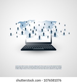 Networks - Business Connections - Abstract Cloud Computing and Global Network Connections Concept Design with World Map and Notebook - Illustration in Editable Vector Format