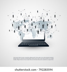 Networks - Business Connections - Abstract Cloud Computing and Global Network Connections Concept Design with World Map and Notebook - Illustration in Editable Vector Format