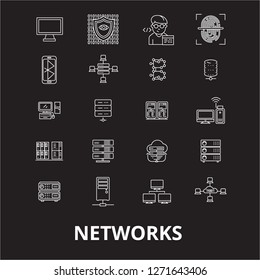 Networks editable line icons vector set on black background. Networks white outline illustrations, signs, symbols