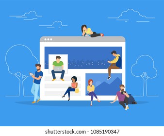 Networks webpage concept vector illustration of young people using mobile gadgets such as laptop, digital tablet and smartphone for social networks, news and sharing. Flat people sitting on web page