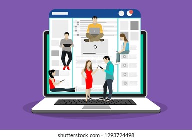 Networks webpage concept vector illustration of young people using mobile gadgets such as laptop, digital tablet and smartphone for social networks, news and sharing. Flat people sitting on web page