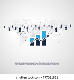 Networks - Worldwide Business And Financial Connections -  Concept Design With Word Map And Bar Chart, Vector Illustration