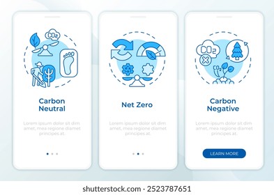 Pantalla de App móvil de incorporación azul de emisión neta cero. Instrucciones gráficas editables de 3 pasos con conceptos lineales. PLANTILLA UI, UX, GUI