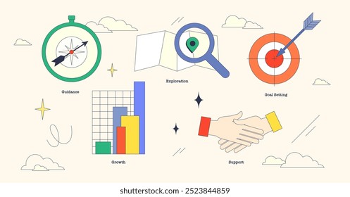 Coleção de estilo neubrutalismo retratando aconselhamento de carreira com bússola, gráfico de barras e handshake simbolizando orientação, crescimento e apoio.