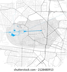 Neuhausen-Nymphenburg, München, DEUTSCHLAND, high detail vector map with city boundaries and editable paths. White outlines for main roads. Many smaller paths. Blue shapes and lines for water.