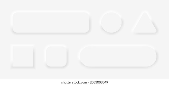 Neumorph button. 3d circle, square, triangle neumorph button with shadow. Badge for ui isolated on white background. Icon for modern web design. Technology elements for website interface, ux. Vector.